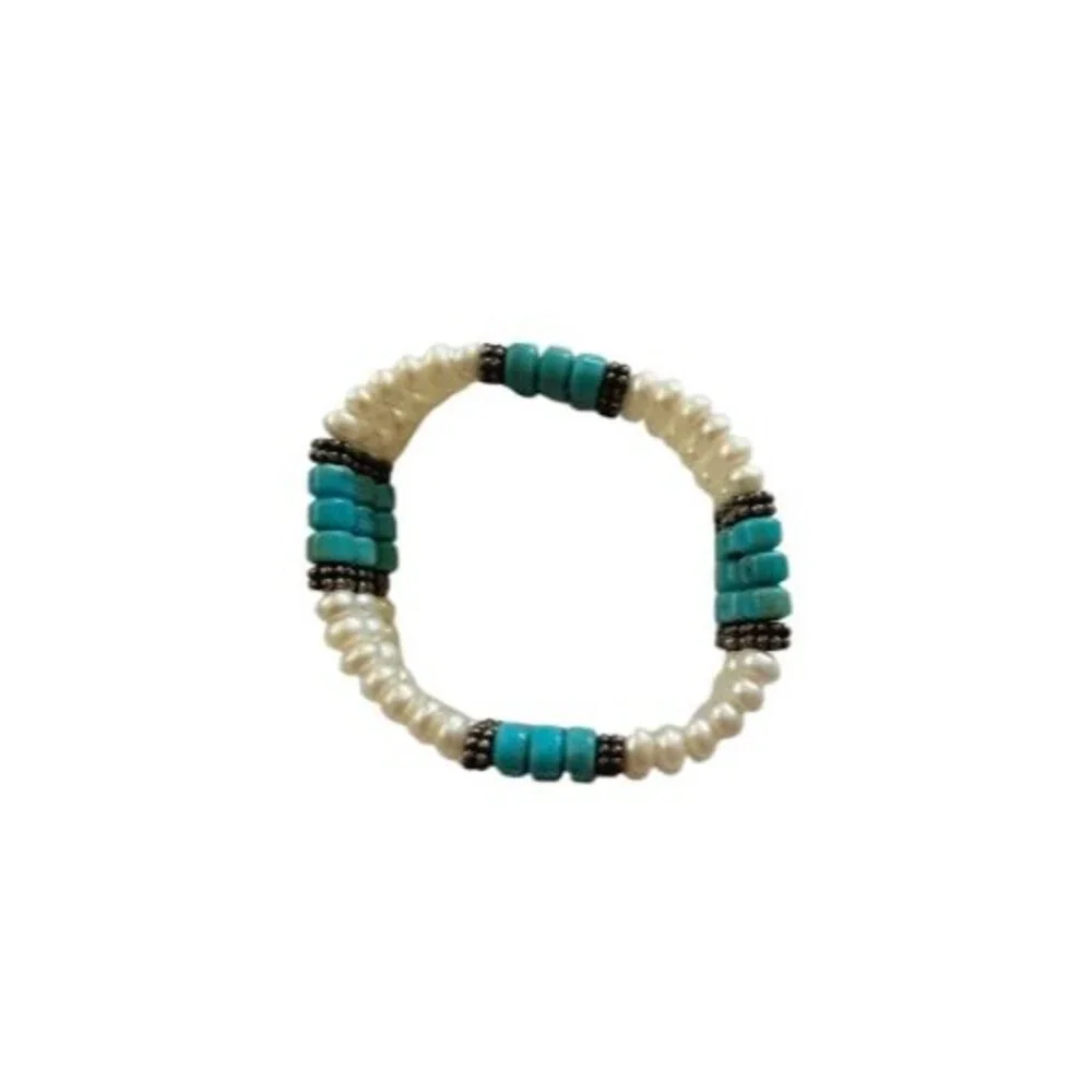New Vintage Southwest Style Pearl And Turquoise Stretch Bracelet